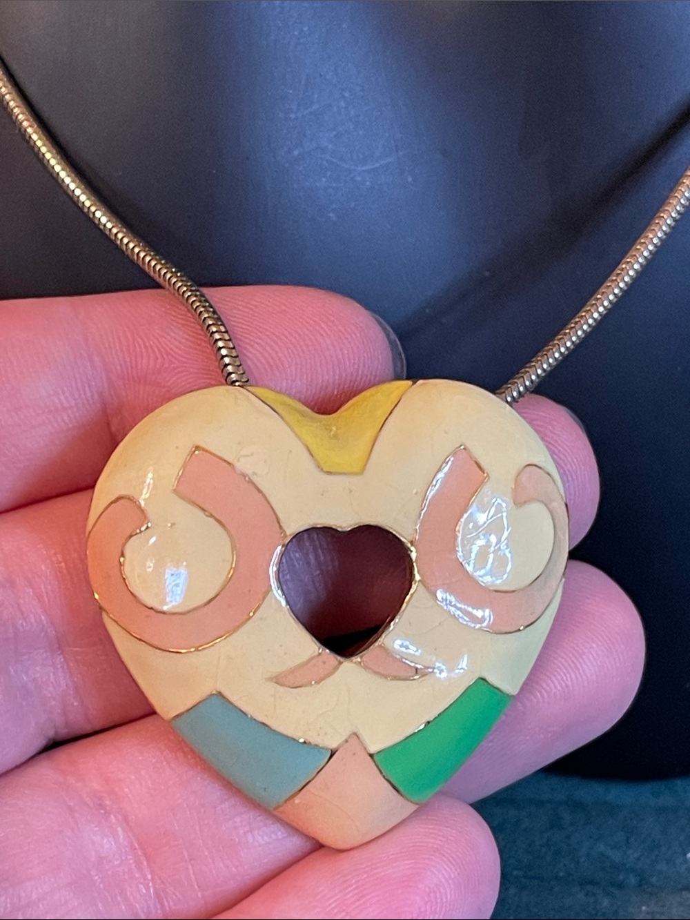 Vintage Hobe Pastel Enamel Geometric Heart Pendant Necklace - Picture 3 of 7